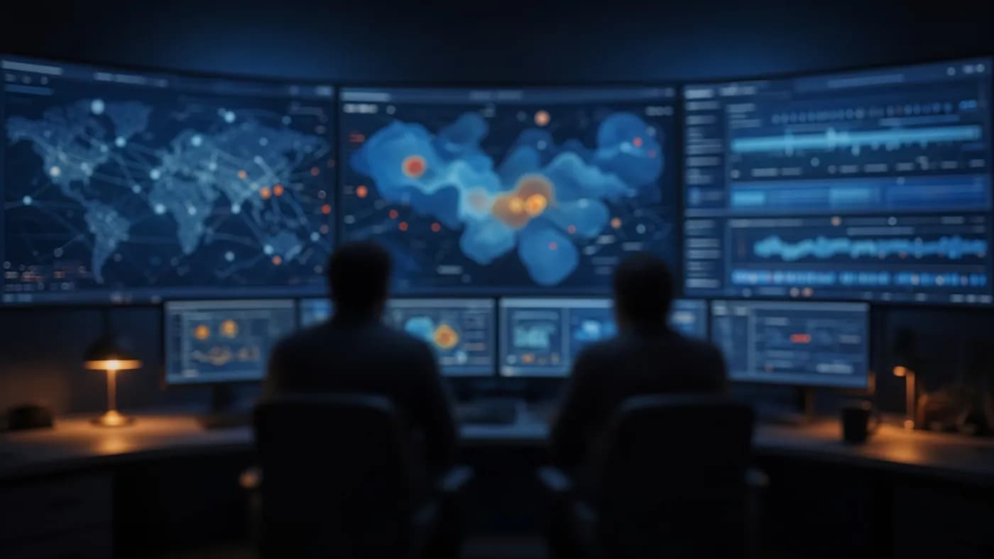 Two analysts seen from behind in a dim security operations center, facing a wall of screens with abstract network maps