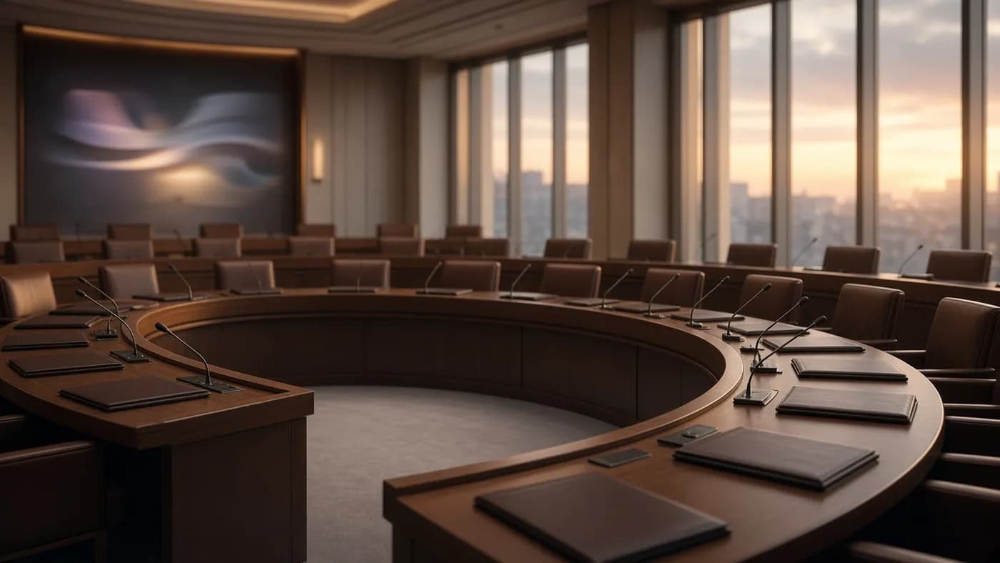 An empty circular diplomatic conference hall with wooden desks, microphones and closed leather folders in warm evening light