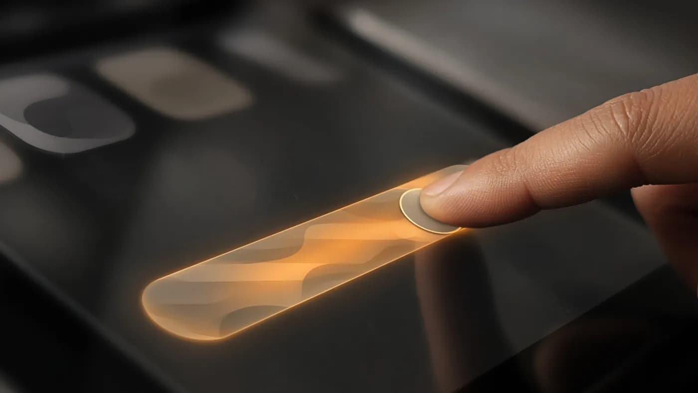 Close-up of a finger dragging a glowing amber slider on a dark touchscreen