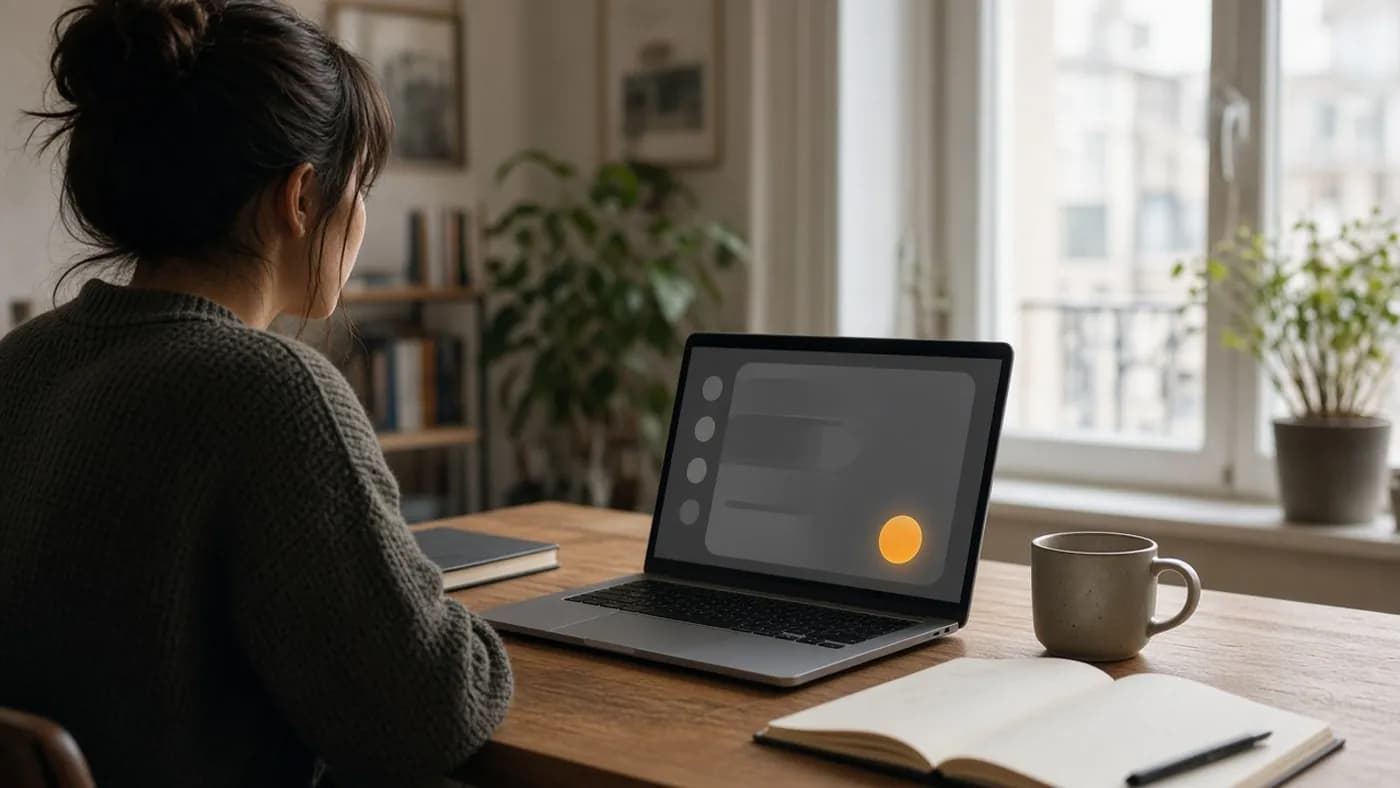 A person working at a laptop in a bright apartment, the screen showing an abstract chat window with a single highlighted button