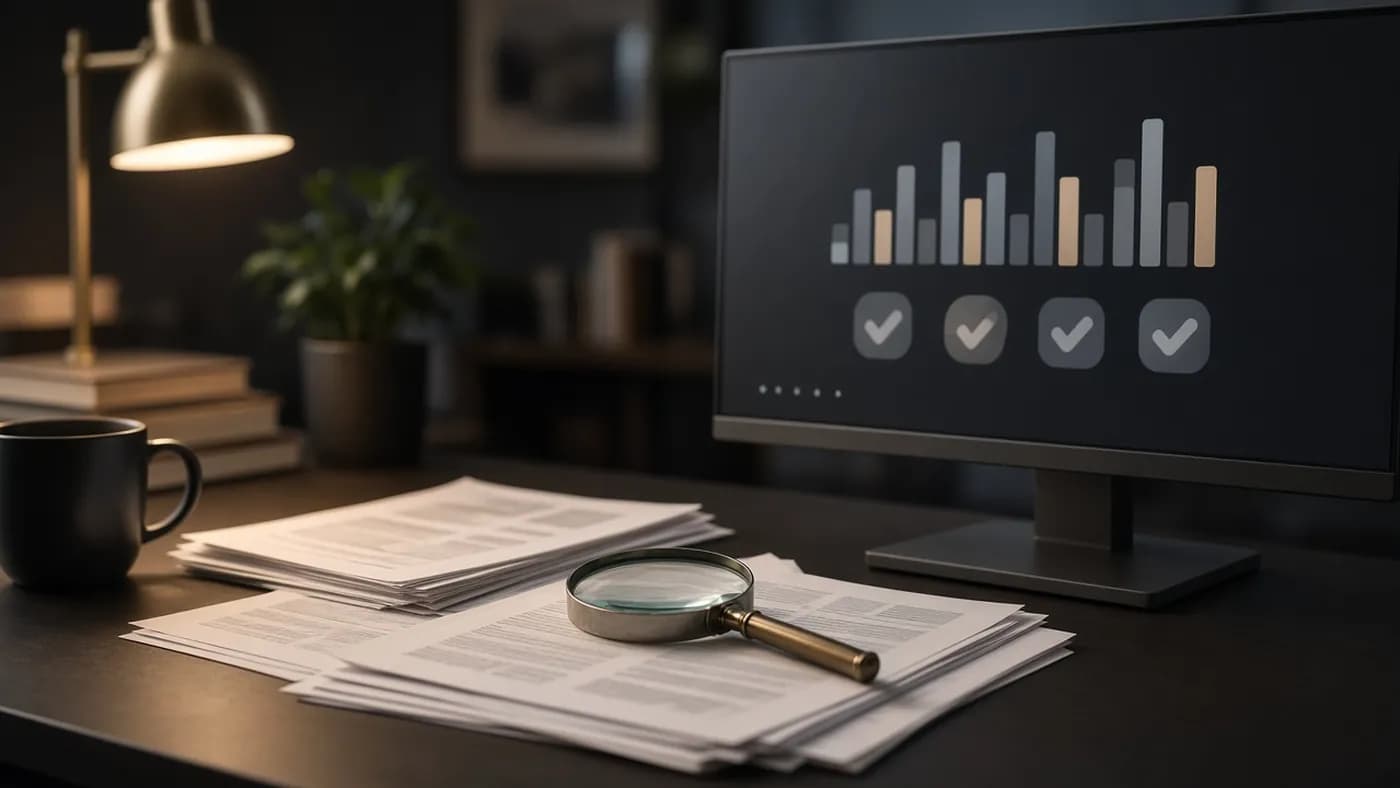 A desk with stacked documents and a magnifying glass beside a monitor showing abstract comparison bars and check marks
