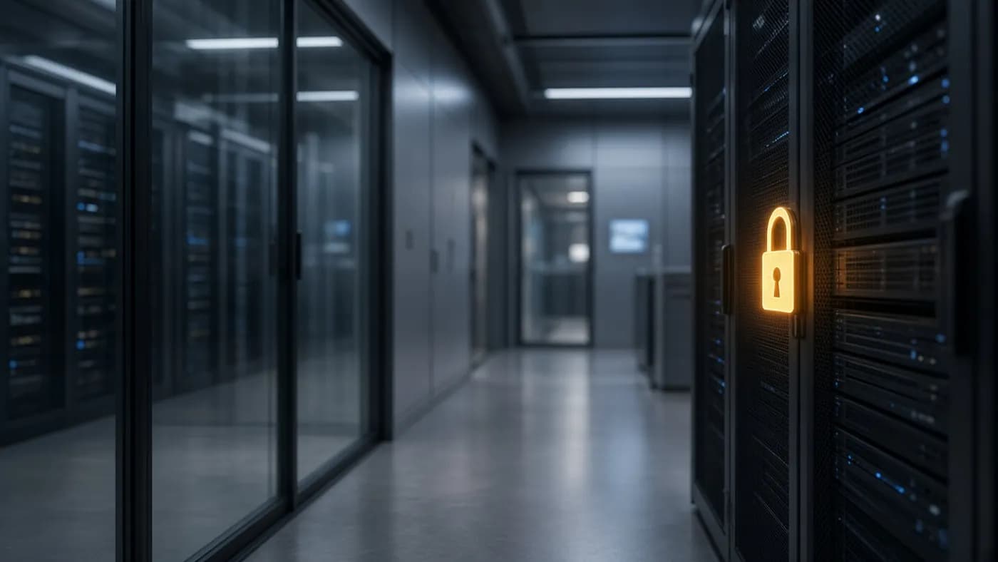 A secure server room corridor with glass-walled enclosures and an amber padlock-shaped light glowing on a rack