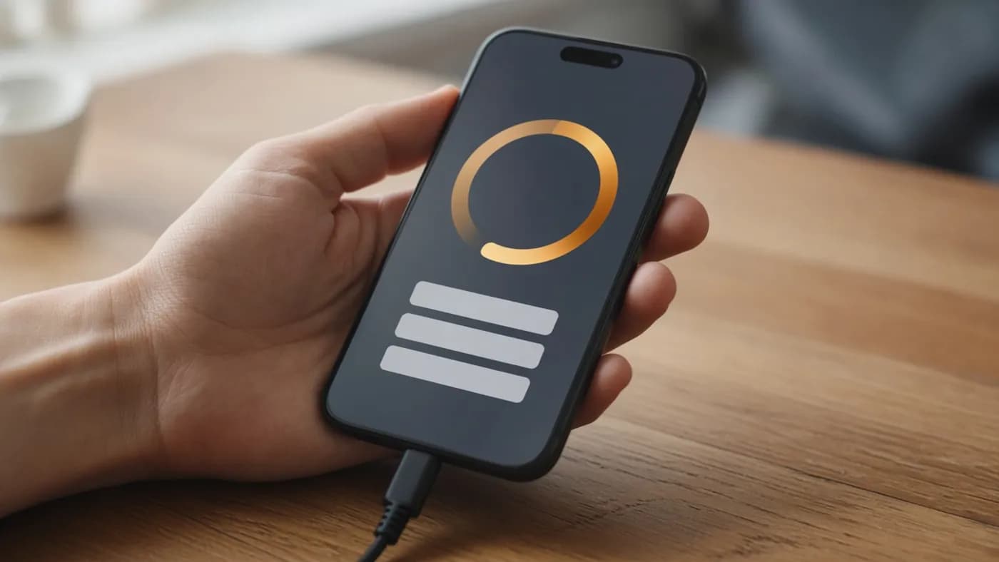 Hand holding a charging smartphone whose screen shows an abstract software update progress ring