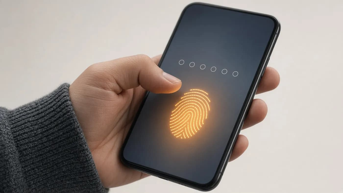 Thumb hovering over a smartphone lock screen with six empty passcode dots and a glowing fingerprint icon