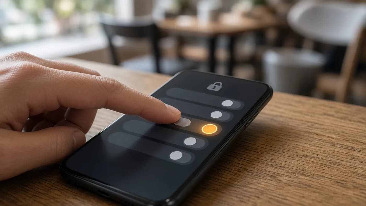 Finger switching on a toggle in an abstract security settings list on a smartphone resting on a cafe table