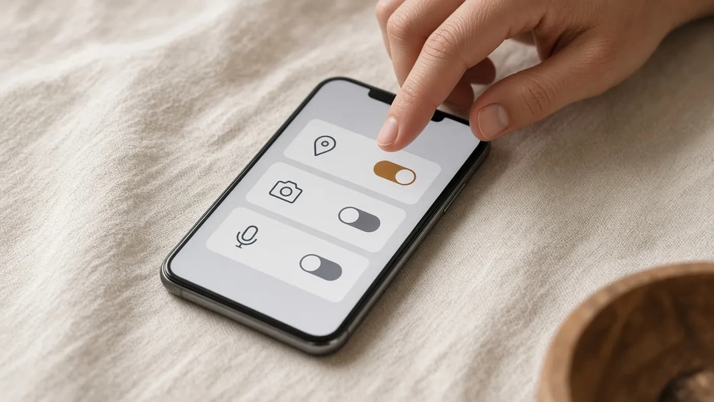 Finger about to tap one of three permission toggles for location, camera and microphone on a smartphone