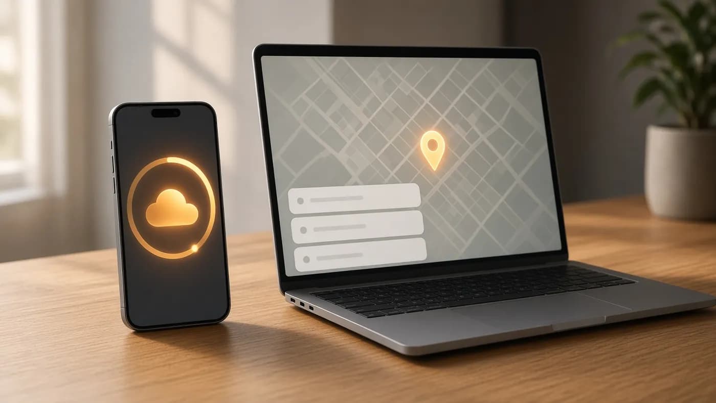 Smartphone showing a cloud sync ring beside a laptop displaying an abstract map with a single location pin