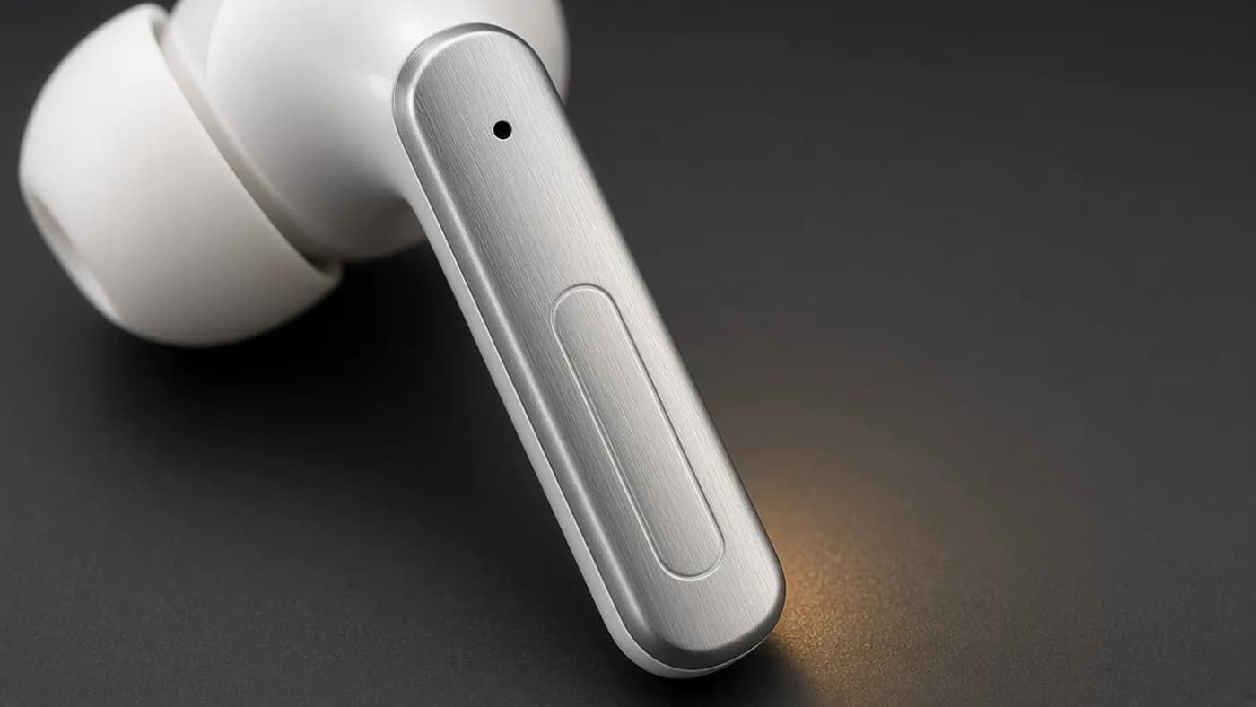 Macro close-up of a white earbud stem with a flat brushed-metal surface, engraved pinch area, and small microphone opening