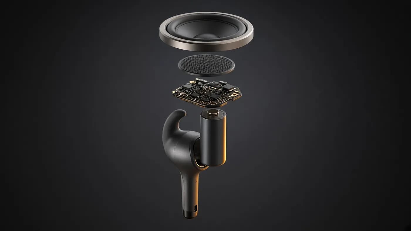 Exploded concept render of a stem-style earbud showing a round woofer driver, mesh layer, circuit board, and battery