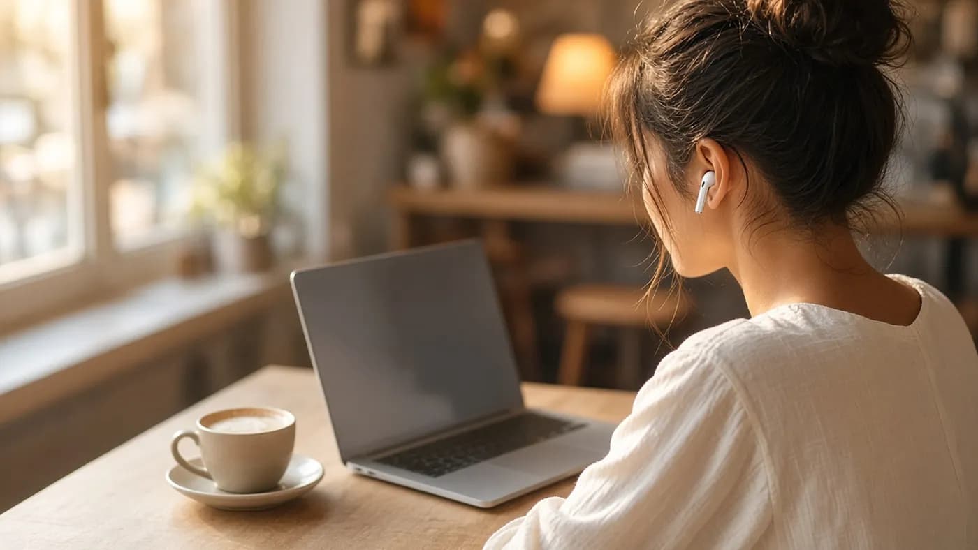 Woman working on a laptop at a sunny cafe table, wearing a white stem-style earbud, seen from behind