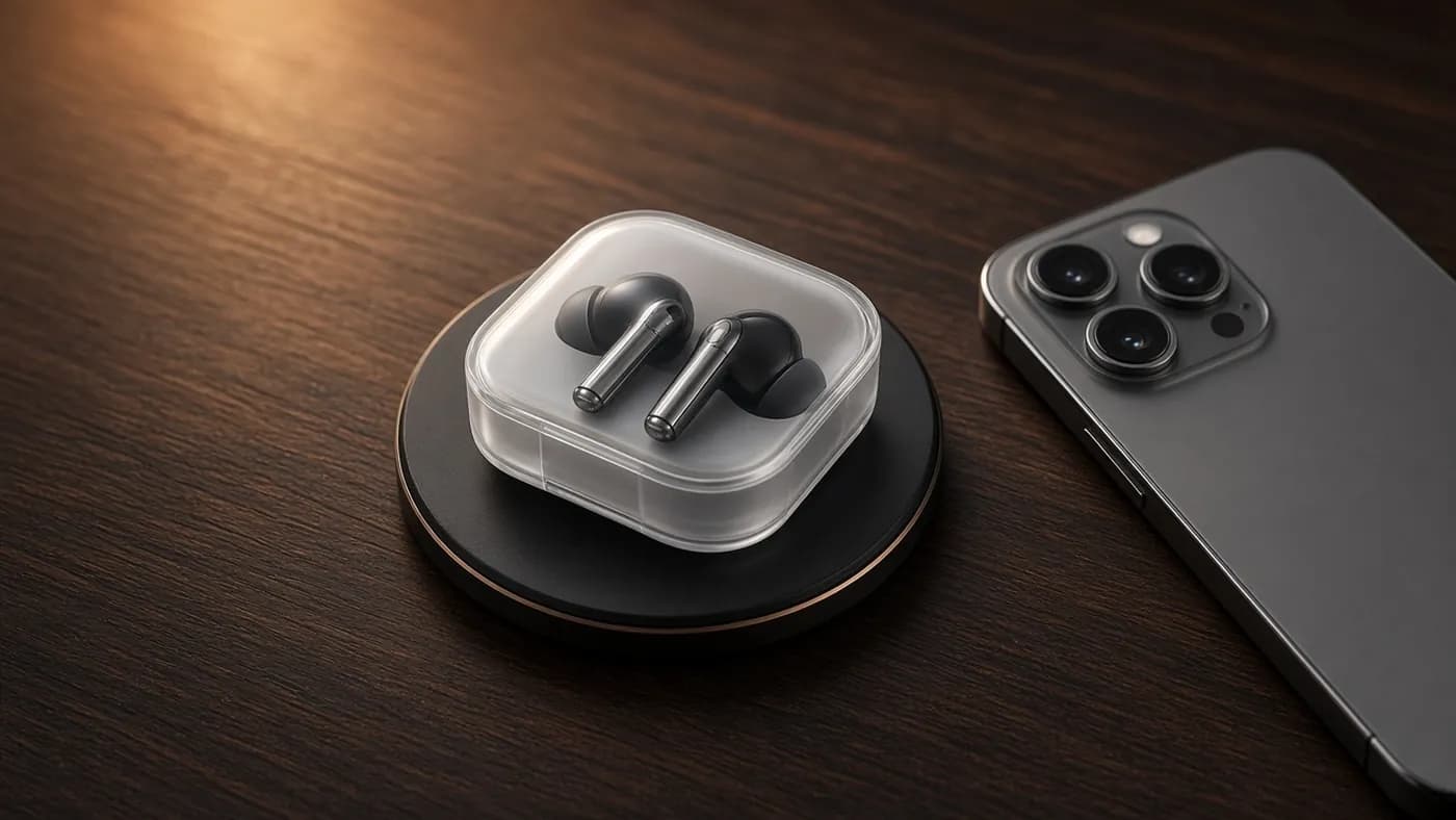 Transparent clamshell earbud case with black metal-stemmed earbuds inside, resting on a wireless charging pad beside a smartphone