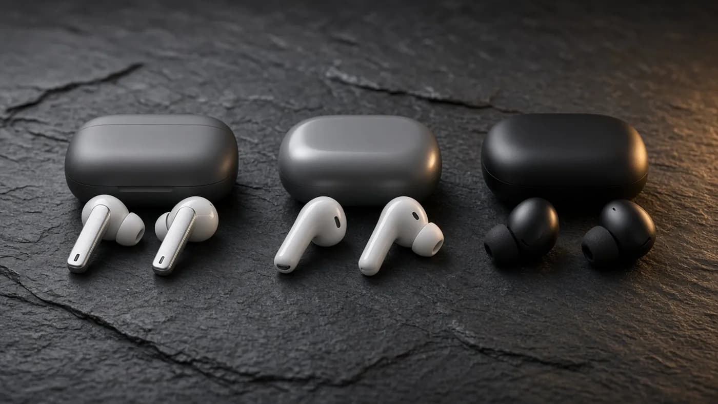 Three pairs of generic premium earbuds lined up on dark slate in front of their cases: metal-stemmed white, glossy white, and black stemless