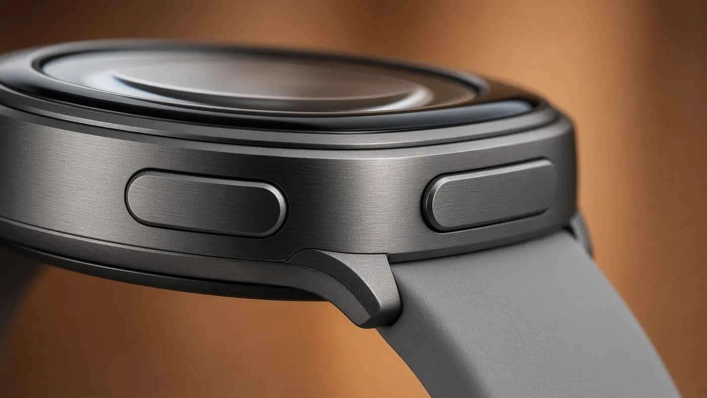Close-up of a round smartwatch in graphite aluminum showing its cushion-shaped case edge, two flat side buttons, and a soft sport band lug