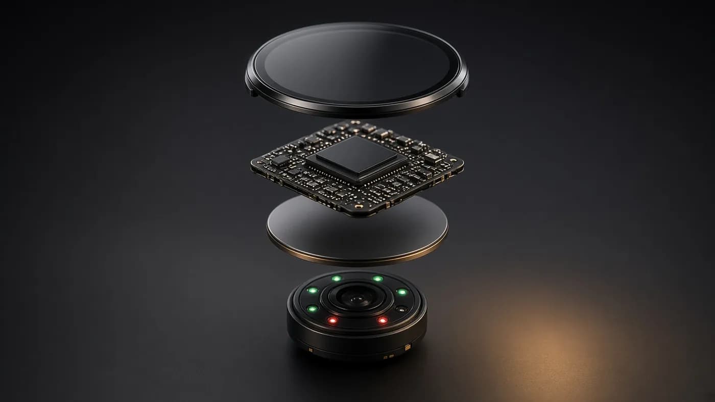 Exploded concept render of a round smartwatch showing its circular display, a processor board, a flat round battery, and an optical sensor module with green and red emitters stacked above a dark background