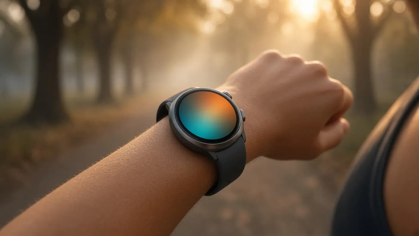 A runner on a misty tree-lined park trail at sunrise raising a wrist that wears a round graphite smartwatch, its screen glowing with a soft teal and amber gradient
