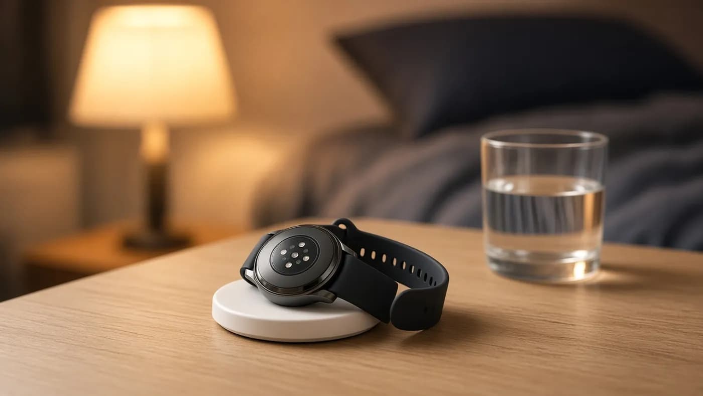 A round smartwatch face down on a white circular wireless charging pad on a bedside table, with a warm lamp glowing in the background