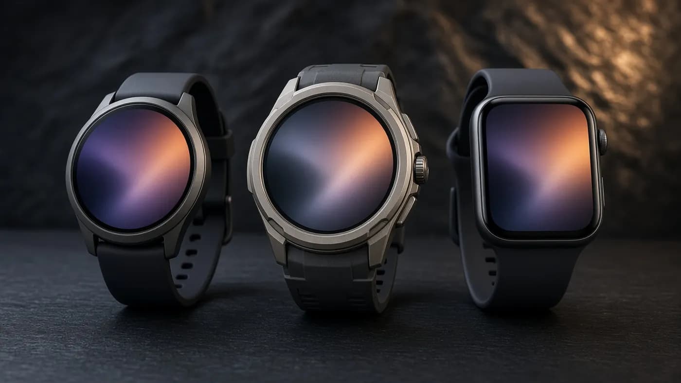 Three smartwatches side by side on a slate surface: a round graphite watch, a larger round titanium watch with a rugged bezel, and a rectangular watch with a dark case