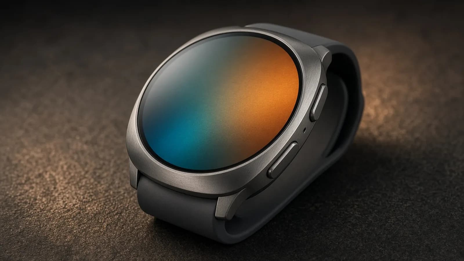 A round smartwatch with a graphite aluminum cushion-shaped case and dark sport band resting on a warm charcoal surface