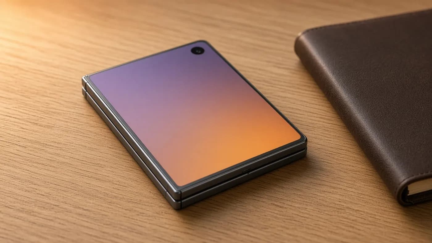 Closed short and wide foldable phone with a gradient cover screen resting on an oak desk next to a leather notebook