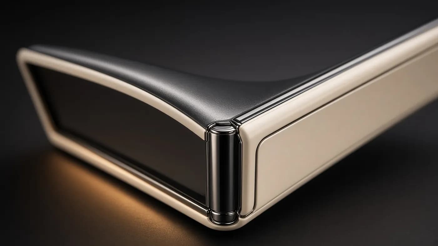Close-up of a cream foldable phone hinge opened at a right angle against a dark background