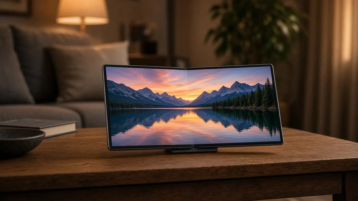 Unfolded foldable phone with a wide landscape screen showing a mountain lake at sunset on a living room coffee table