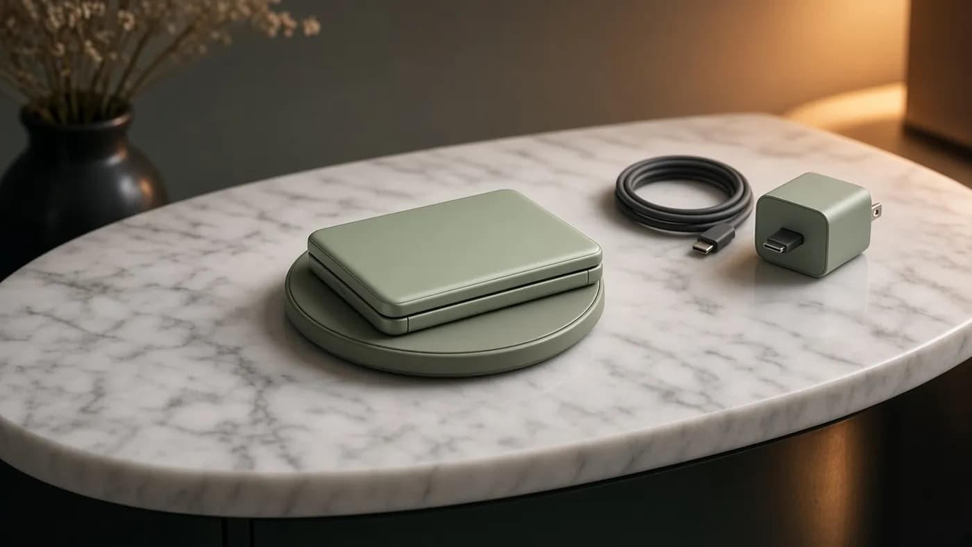 Closed pistachio green foldable phone lying on a round wireless charging pad on a marble nightstand beside a charger and cable