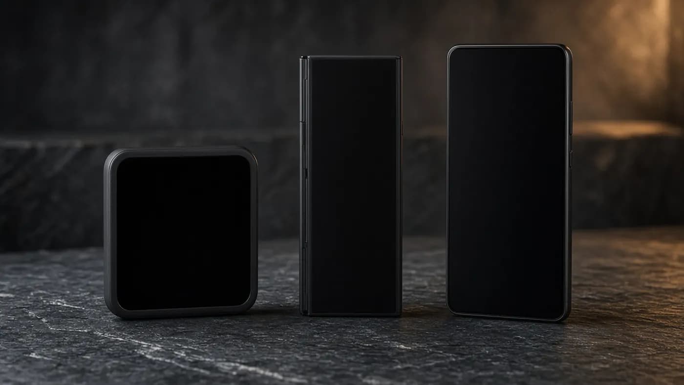 Three dark phones standing upright side by side for size comparison: a short wide foldable, a tall narrow foldable, and a conventional slab phone
