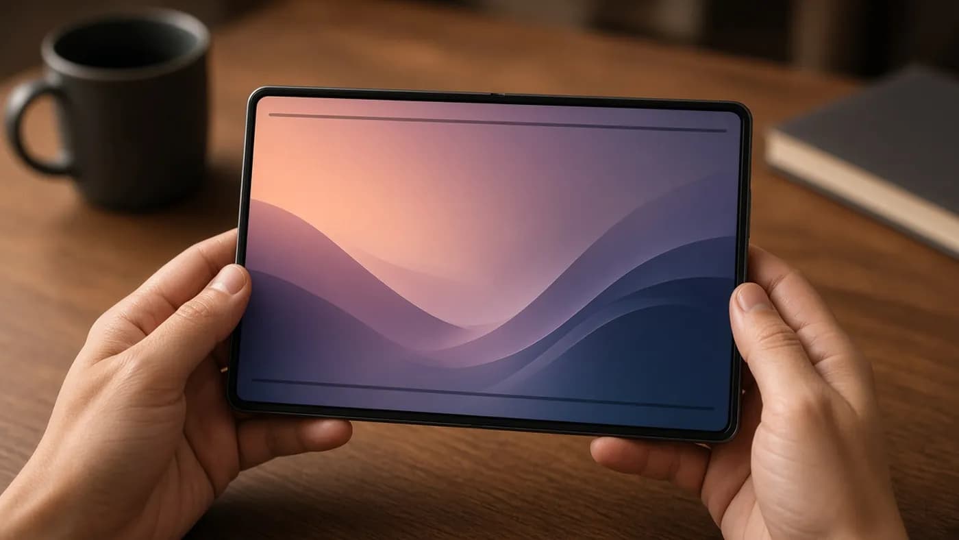 A wide foldable phone unfolded in landscape and held in two hands over a wooden table, its near-square screen showing an abstract video scene with thin bars