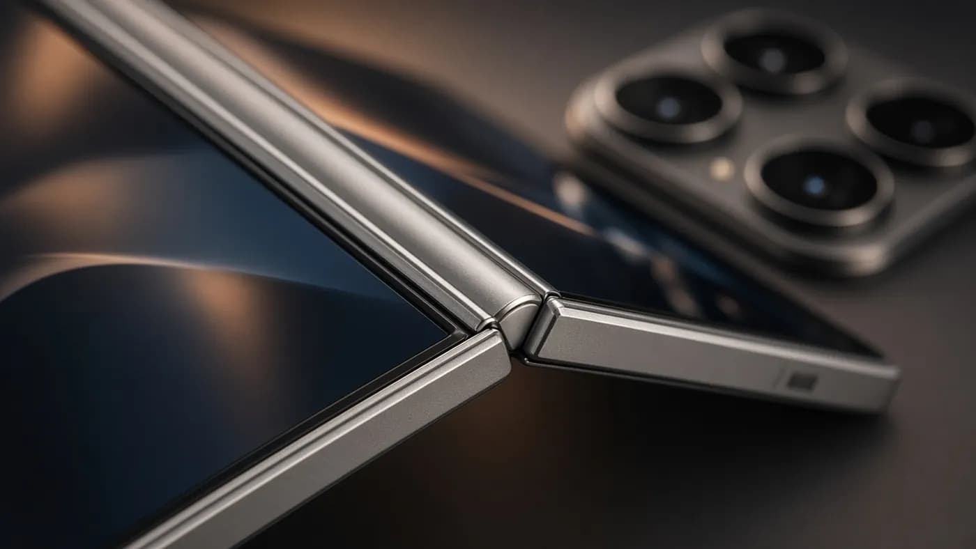 Macro view of an ultra-thin foldable phone's aluminum hinge and frame edge, opened at an angle, with a camera module blurred behind