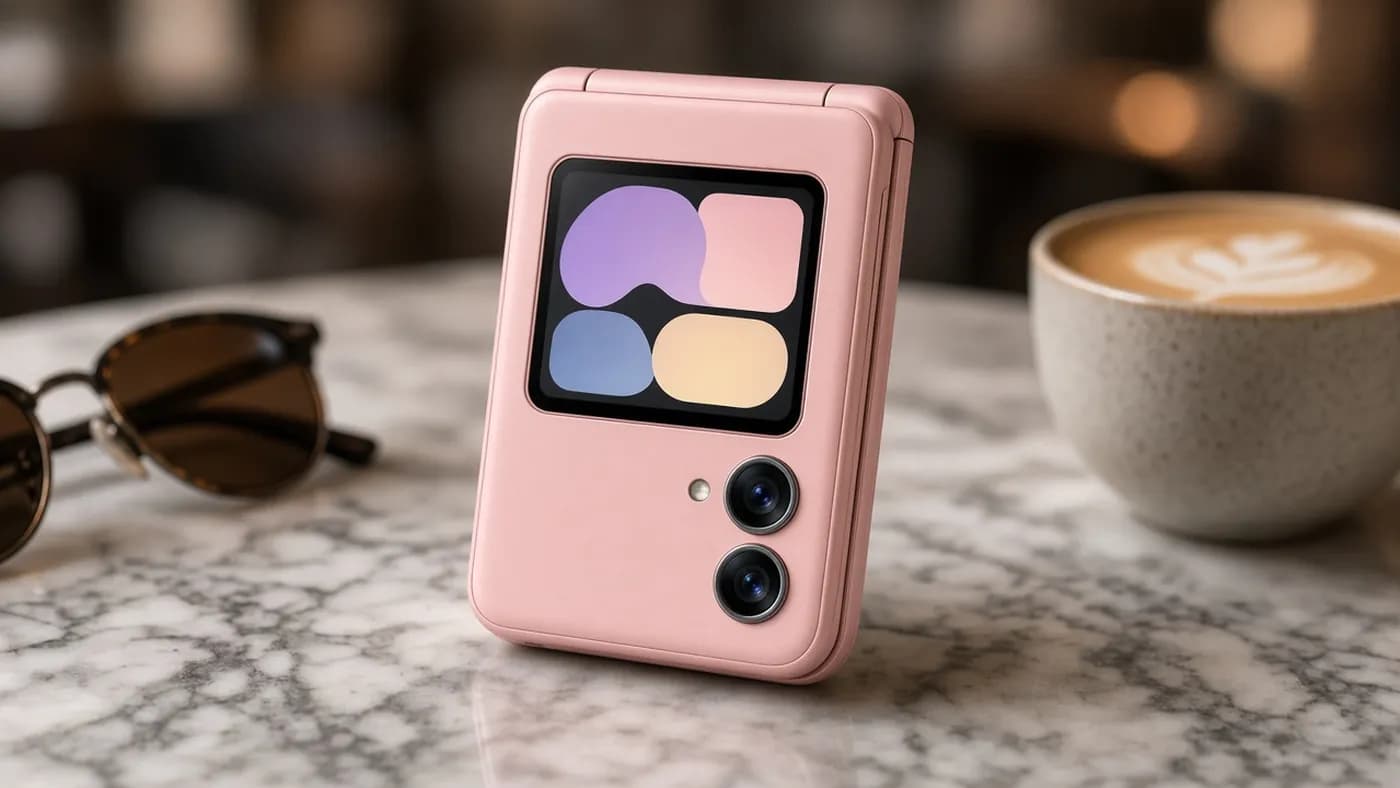 A pink clamshell flip phone folded shut on a marble cafe table, its small cover screen showing abstract widget cards beside two camera lenses