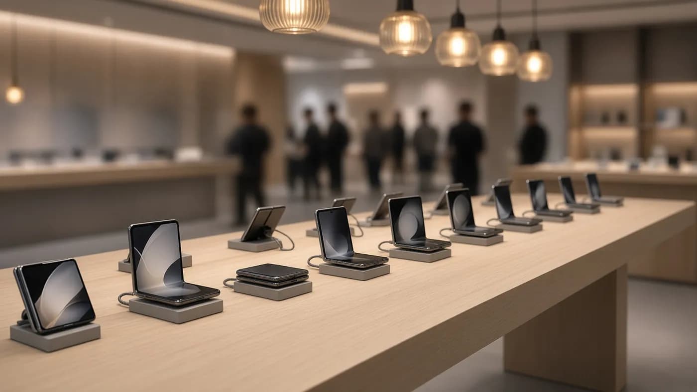 A pale wood retail display table lined with foldable phones on tethered stands under warm pendant lights, with blurred shoppers in the background