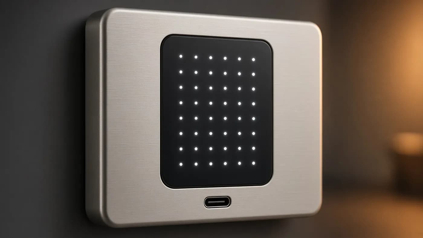 Macro view of a satin nickel smart lock with a black glass panel lit as a grid of tiny white dots and a USB-C port below