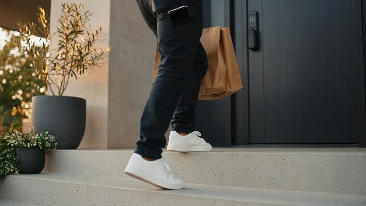 Low-angle view of a person in jeans and sneakers with a phone in a back pocket and grocery bags walking up steps to a dark front door