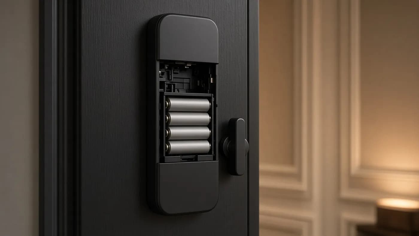 Interior side of a black smart deadbolt with its cover removed showing a battery cartridge holding four AA batteries