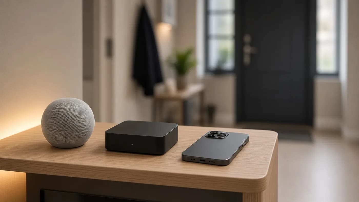 Round fabric smart speaker, small black streaming box, and a face-down smartphone on an oak console near a front door