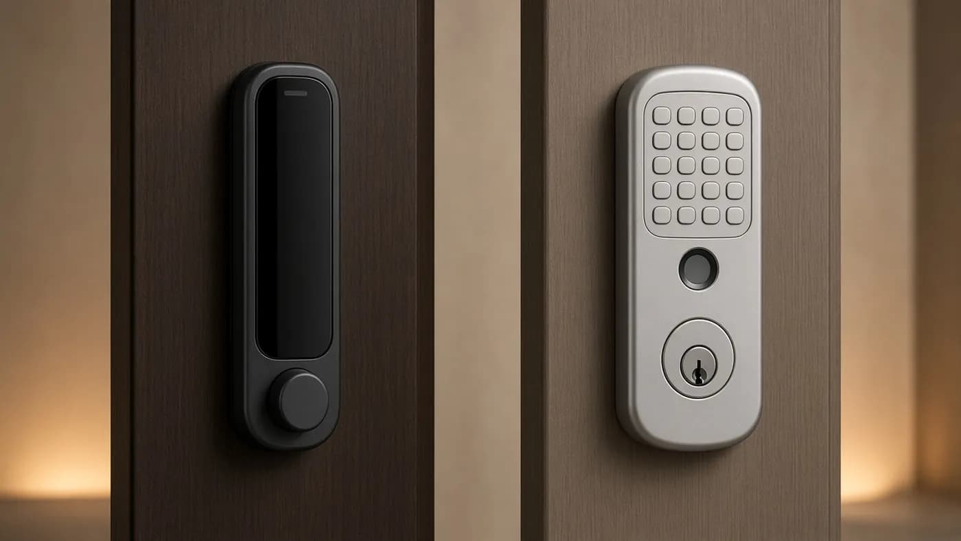 Two smart deadbolts side by side on door panels: a slim black lock with a glass face and a larger silver lock with a keypad, fingerprint pad, and key cylinder