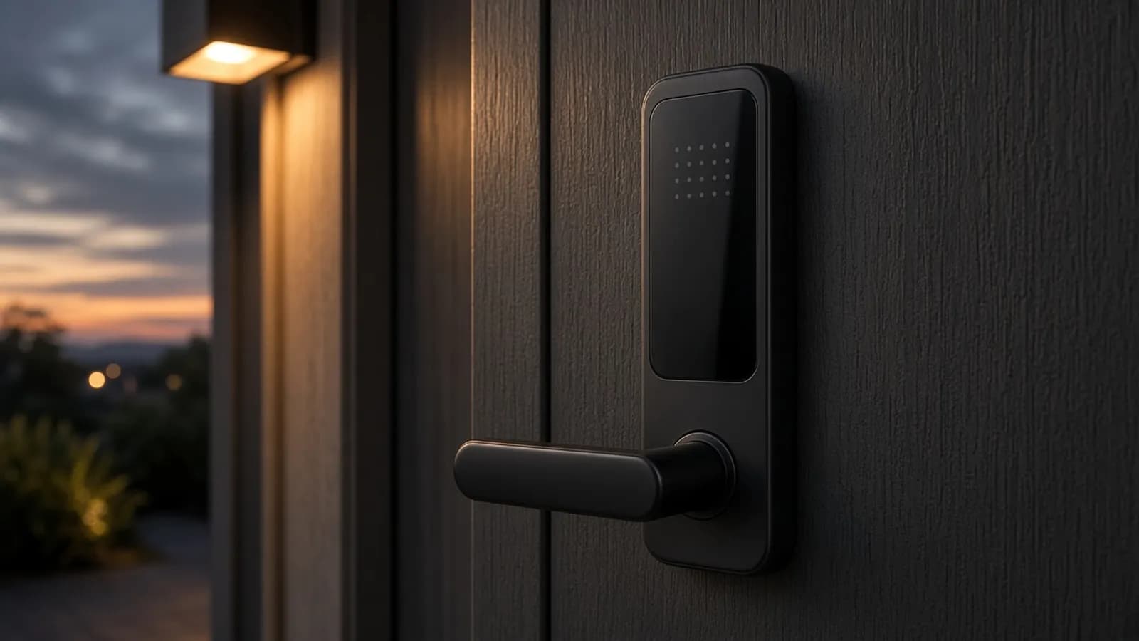Slim matte black smart lock with a glossy glass touch panel and no keyhole on a dark front door at dusk