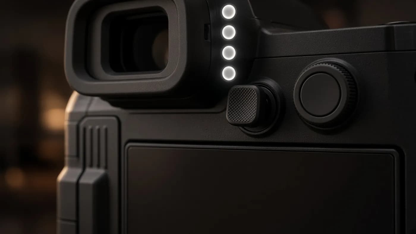Close-up of the back of a black mirrorless camera with softly glowing illuminated buttons, a textured joystick, and a dark rear screen