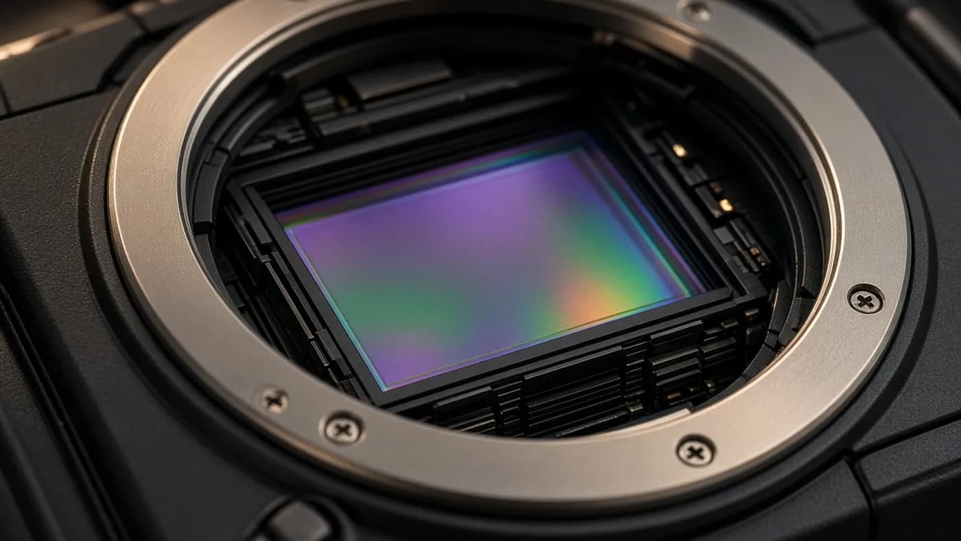 Macro view of an iridescent full-frame image sensor inside the metal lens mount of a black mirrorless camera