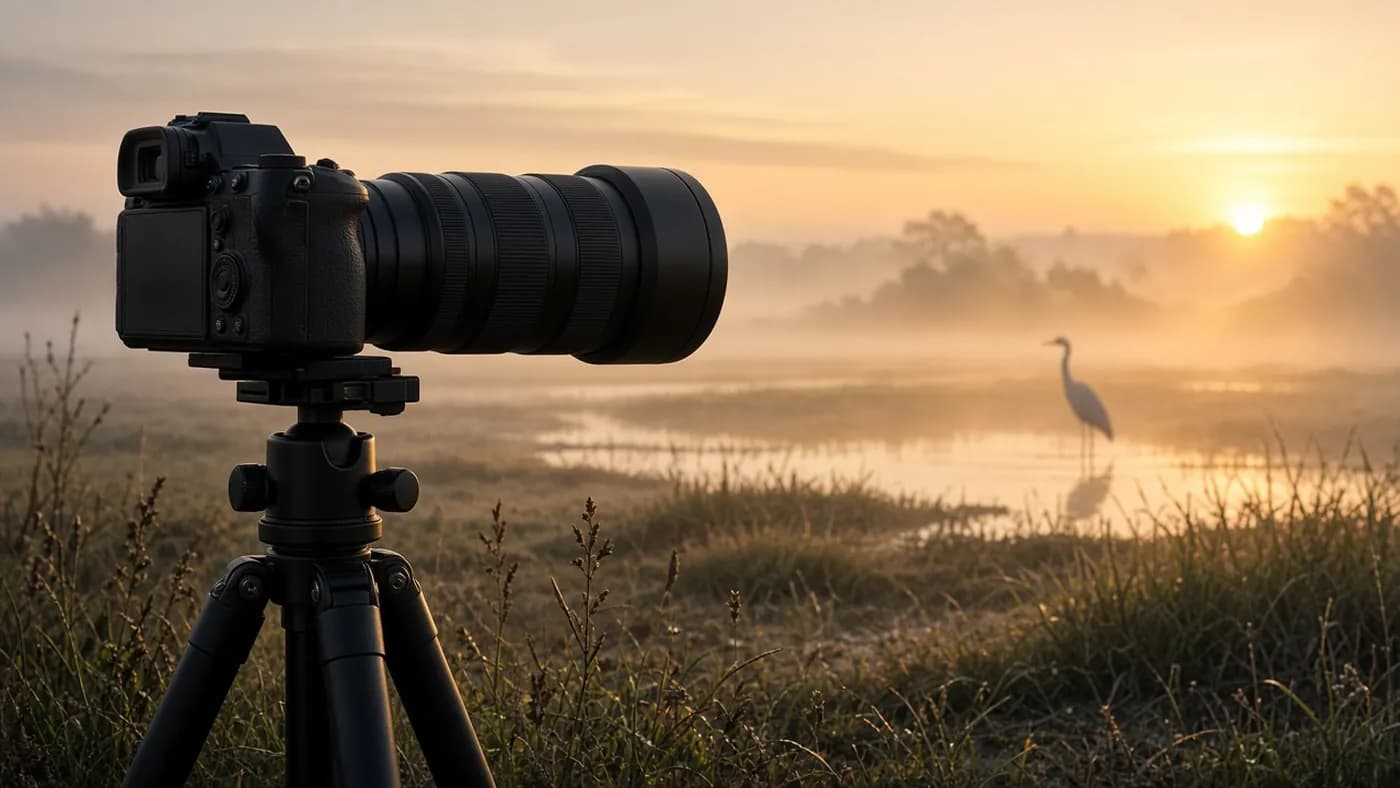 Black mirrorless camera with a long telephoto lens on a tripod overlooking a misty wetland at sunrise with a heron in the distance