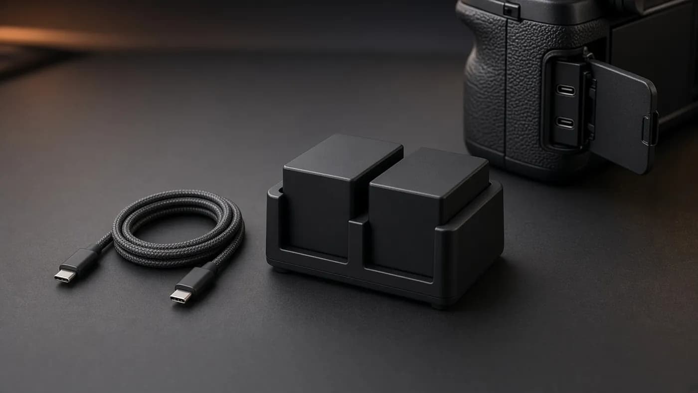 Two black camera batteries in a compact dual charger beside a braided USB-C cable and a camera body with two USB-C ports exposed