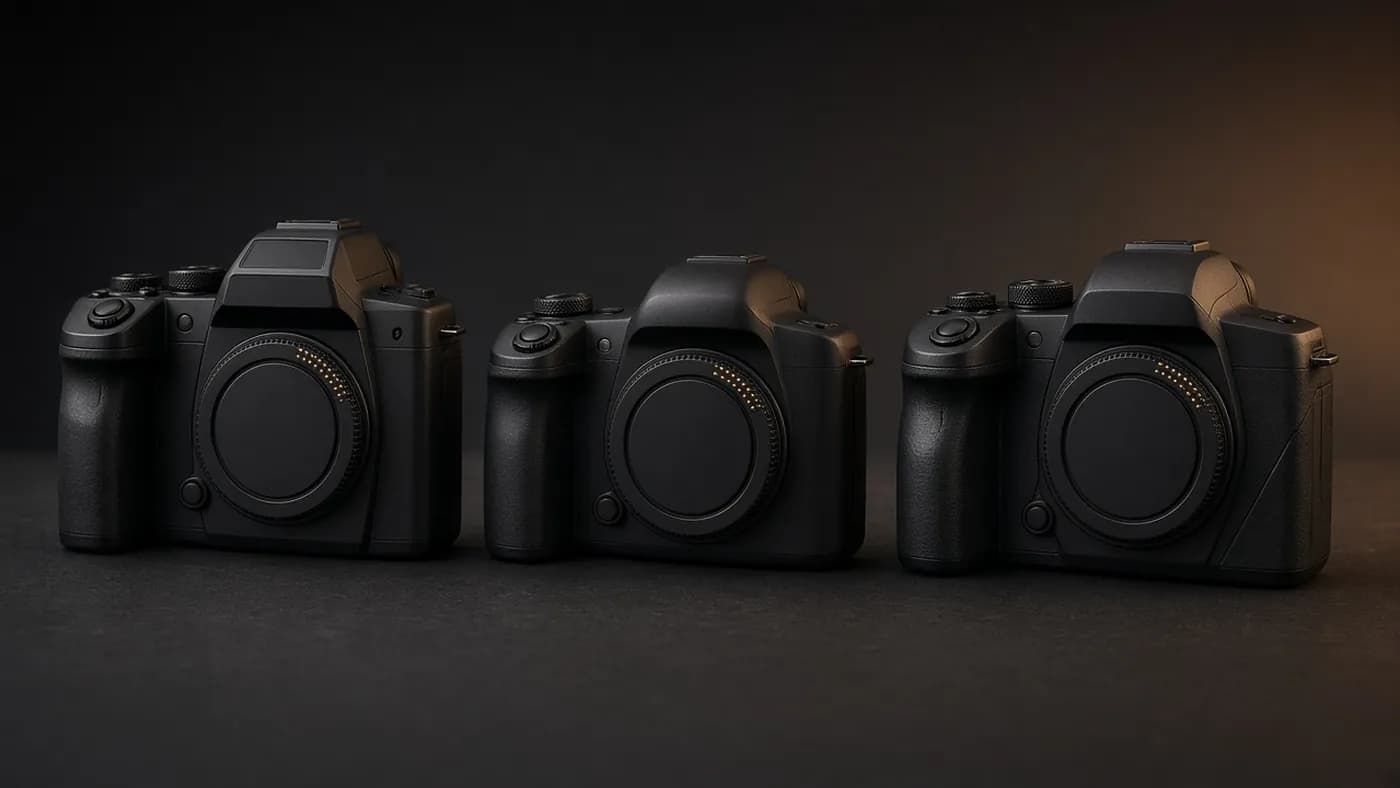 Three generic black full-frame mirrorless camera bodies without lenses lined up side by side on a charcoal surface