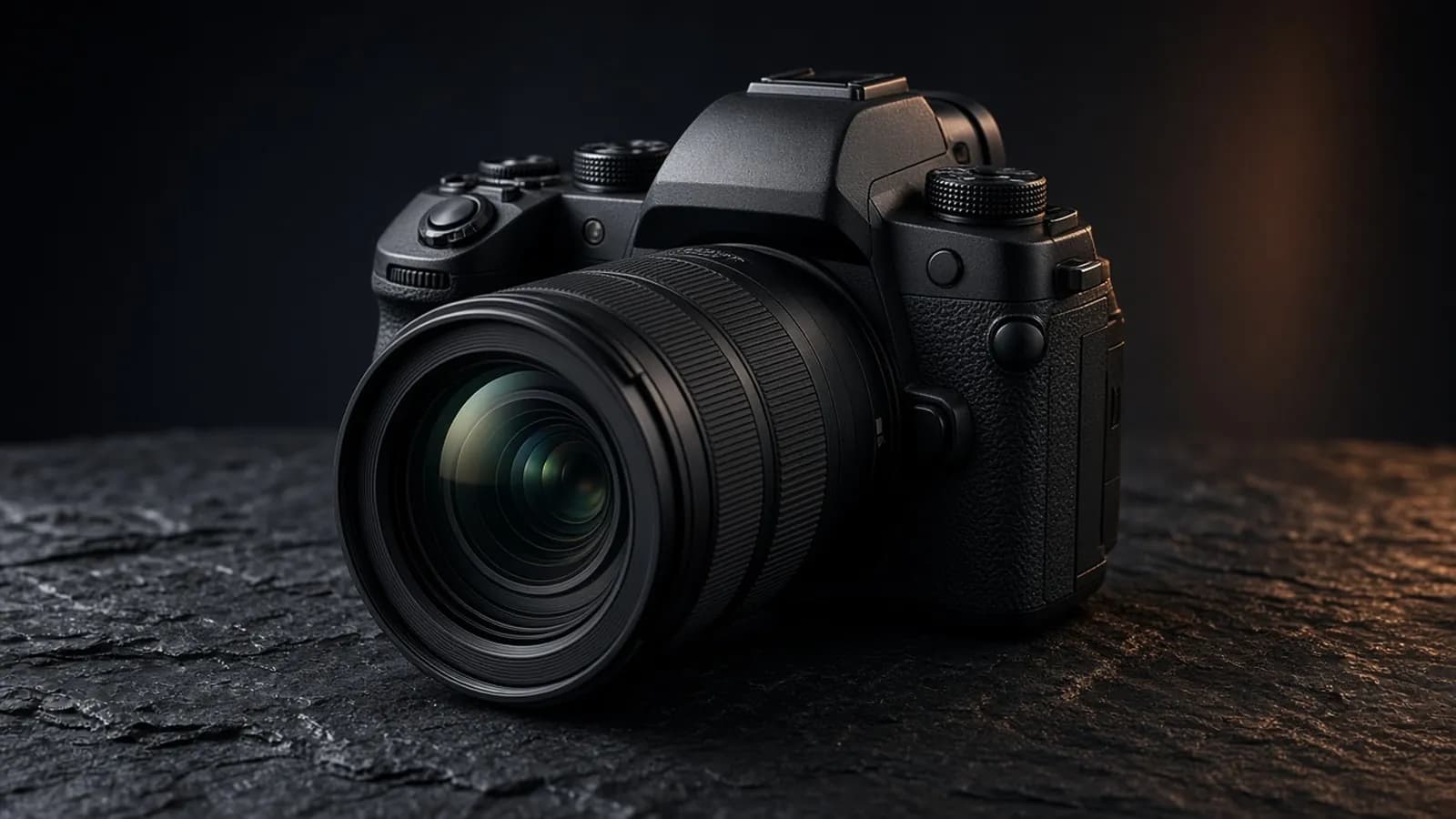 Black full-frame mirrorless camera with a deep grip and a large zoom lens on a dark slate surface