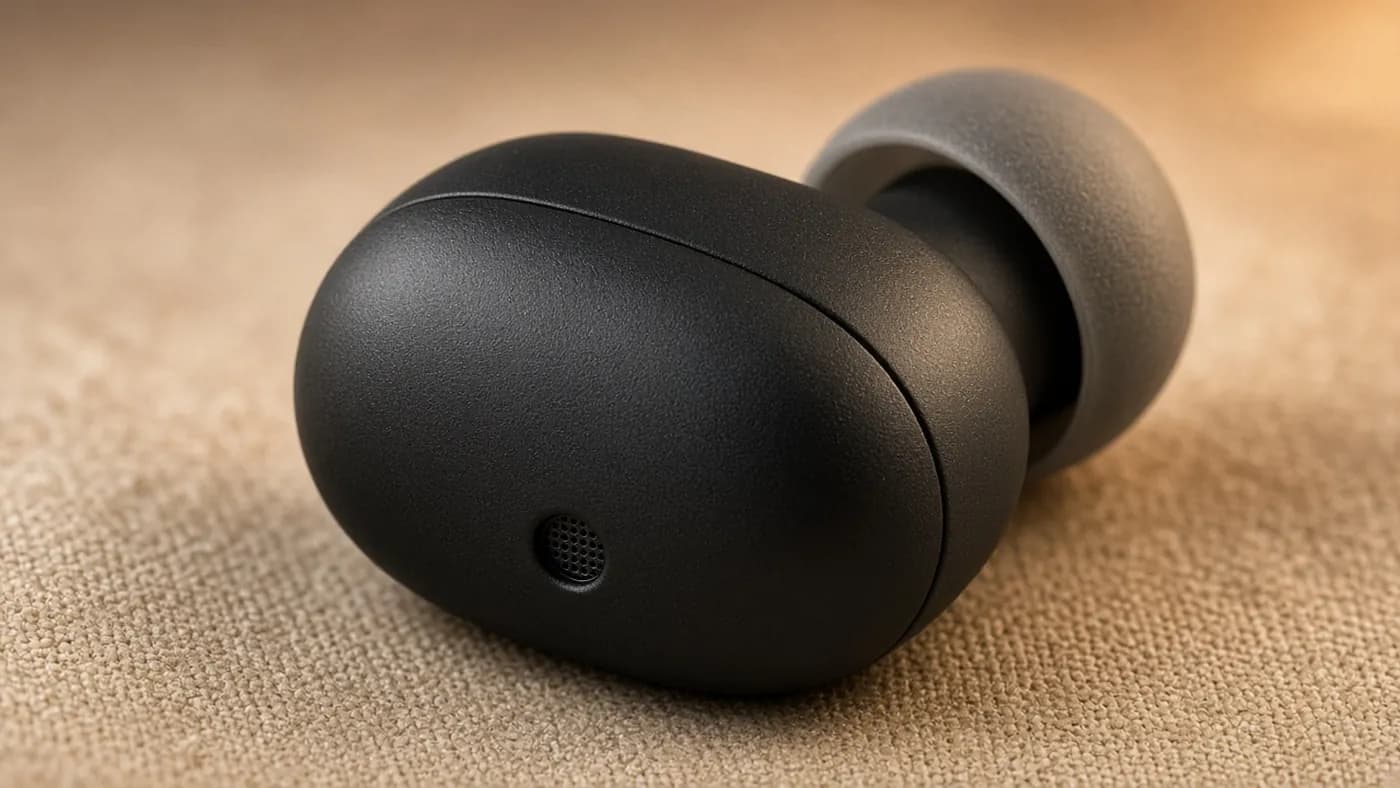 Macro close-up of a matte black pill-shaped earbud showing its textured surface, microphone openings, and gray foam ear tip