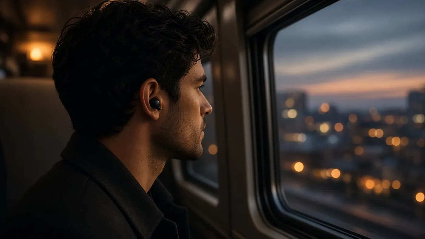 Commuter by a train window at dusk wearing a small black in-ear wireless earbud, with city lights blurred outside