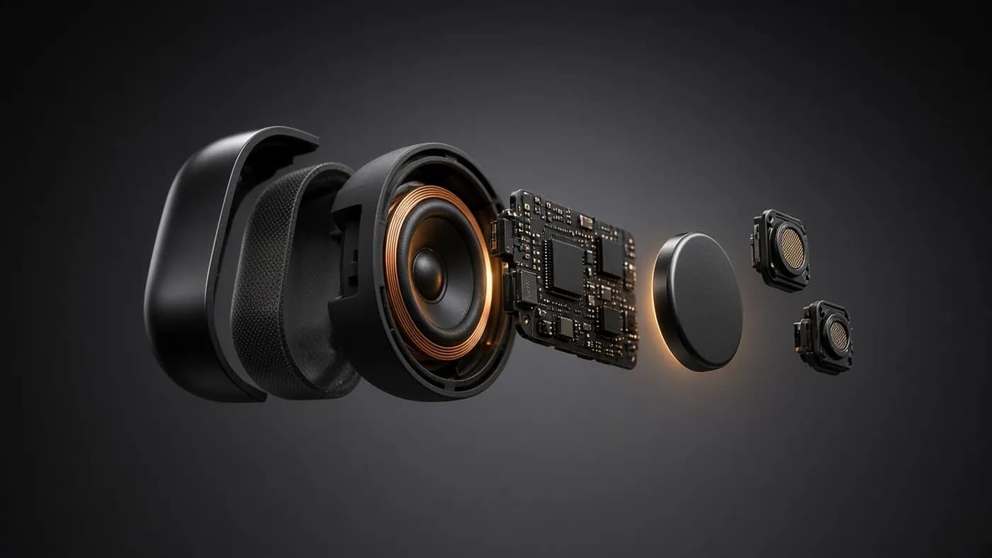 Exploded concept render of a pill-shaped earbud showing a dynamic driver, circuit board, battery, and microphone modules