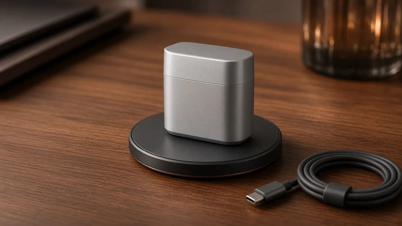 Angular matte silver-gray earbud case standing upright on a round wireless charging pad on a walnut desk