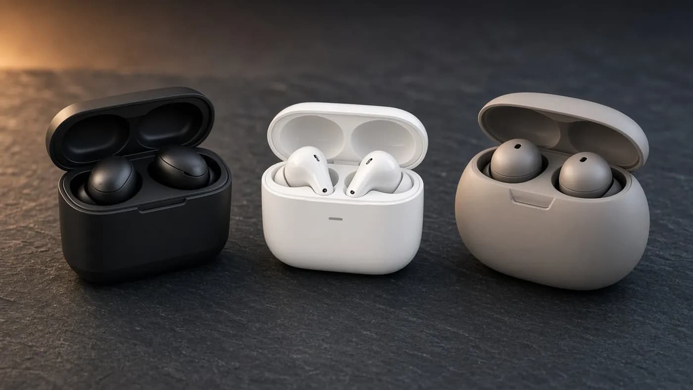 Three generic premium earbud cases side by side on dark slate, one angular black, one glossy white, one soft gray oval