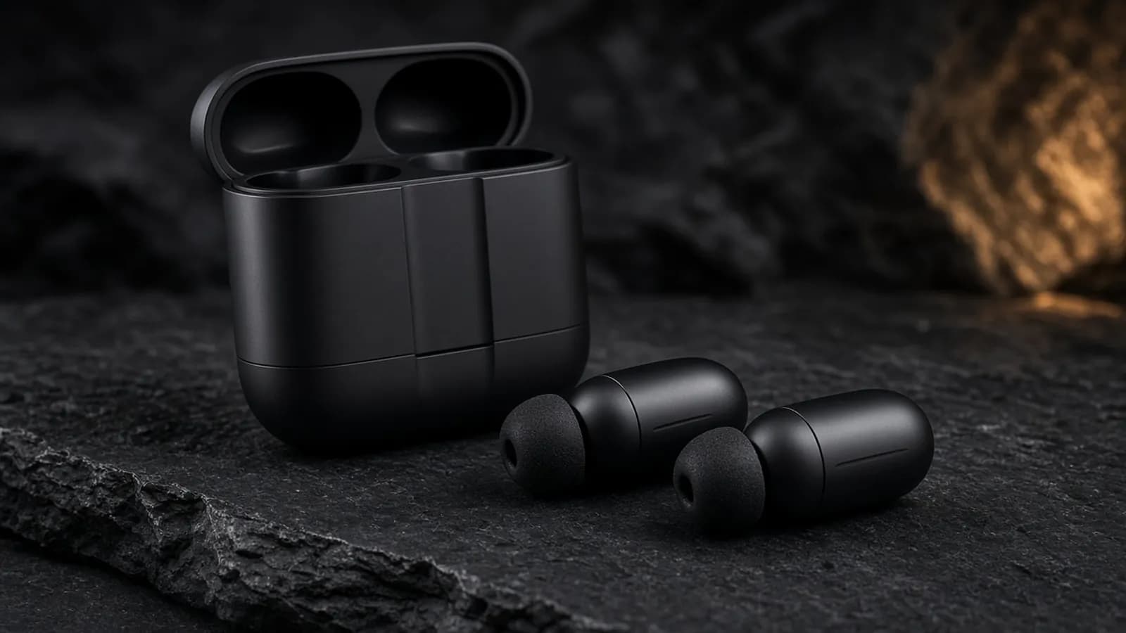 Black pill-shaped wireless earbuds with foam tips beside an open angular matte black charging case on a dark slate surface