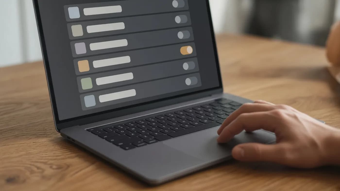 A hand on a laptop trackpad while the screen shows a list of apps with toggle switches, most turned off and one highlighted in amber